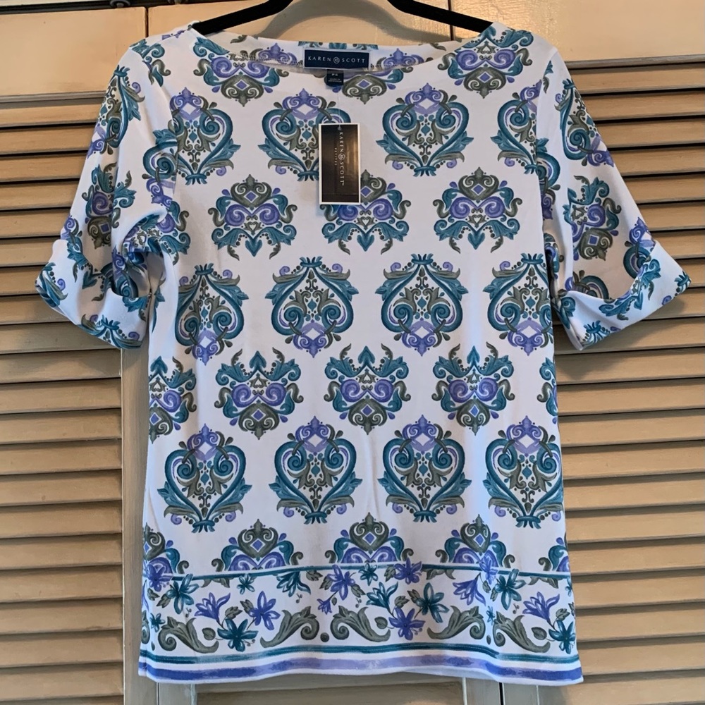 NWT, Karen Scott, PS, Paisley Boatneck Top